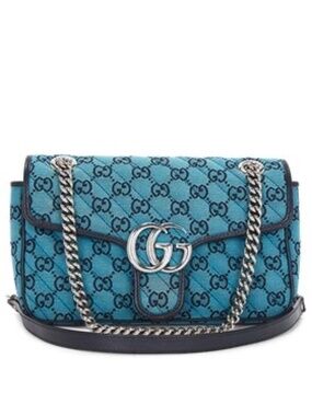 NEW Gucci Monogram Blue Matelasse Diagonal Multicolor GG Marmont Chain Bag
